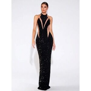 Love & Lemonade Black Sequin High Neck Mesh Cutout Formal Maxi Gown Dress